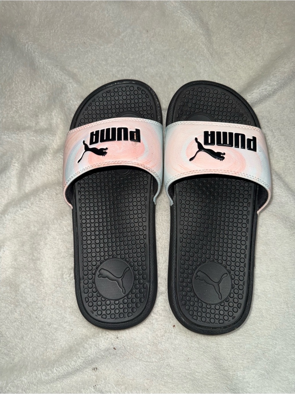 Puma Black Slides with Pastel Pink and Light Blue Strap